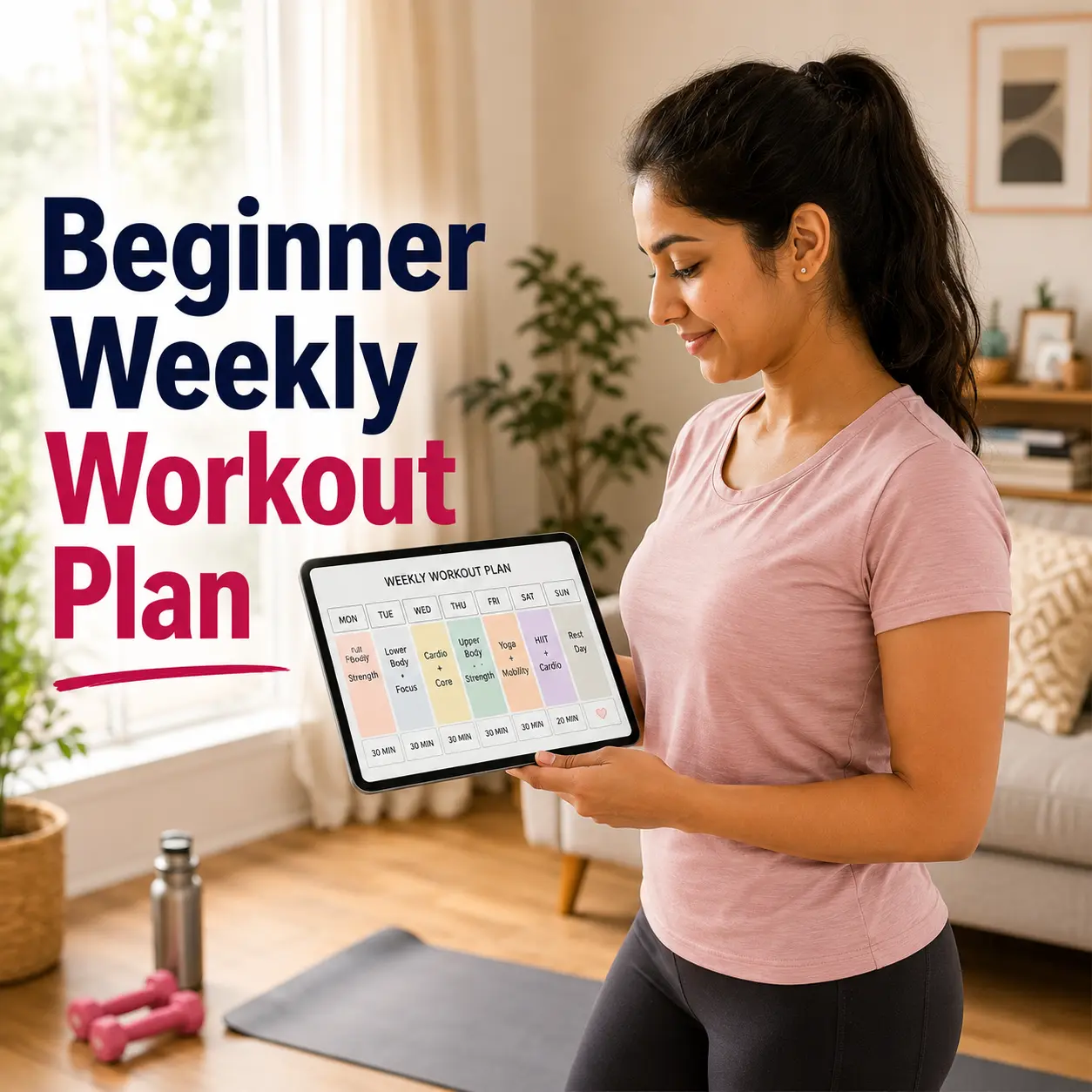 Woman following beginner home workout schedule