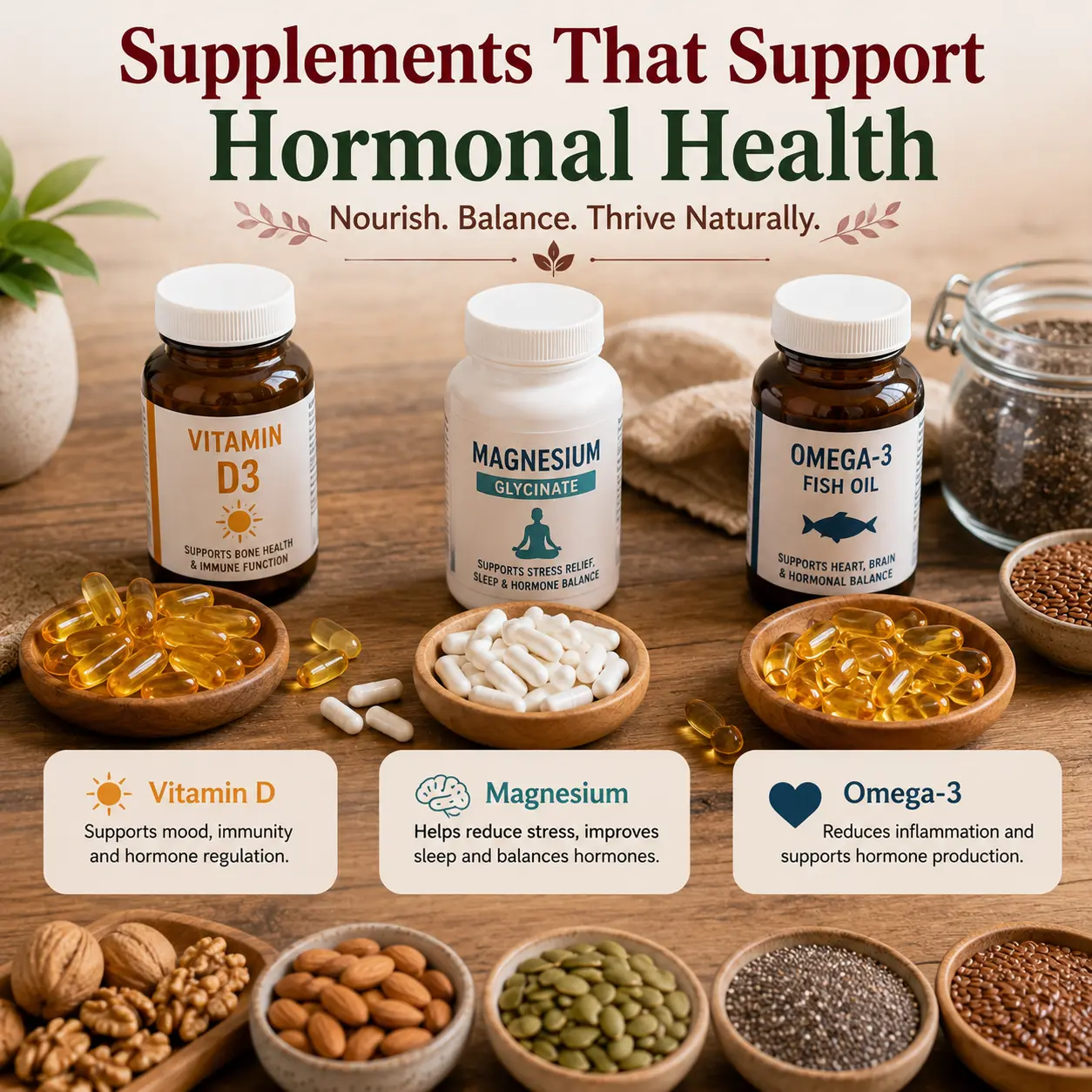 Supplements that support hormonal balance including vitamin D and omega 3