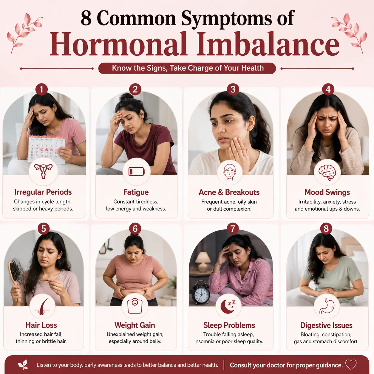 Common hormonal imbalance symptoms in women infographic