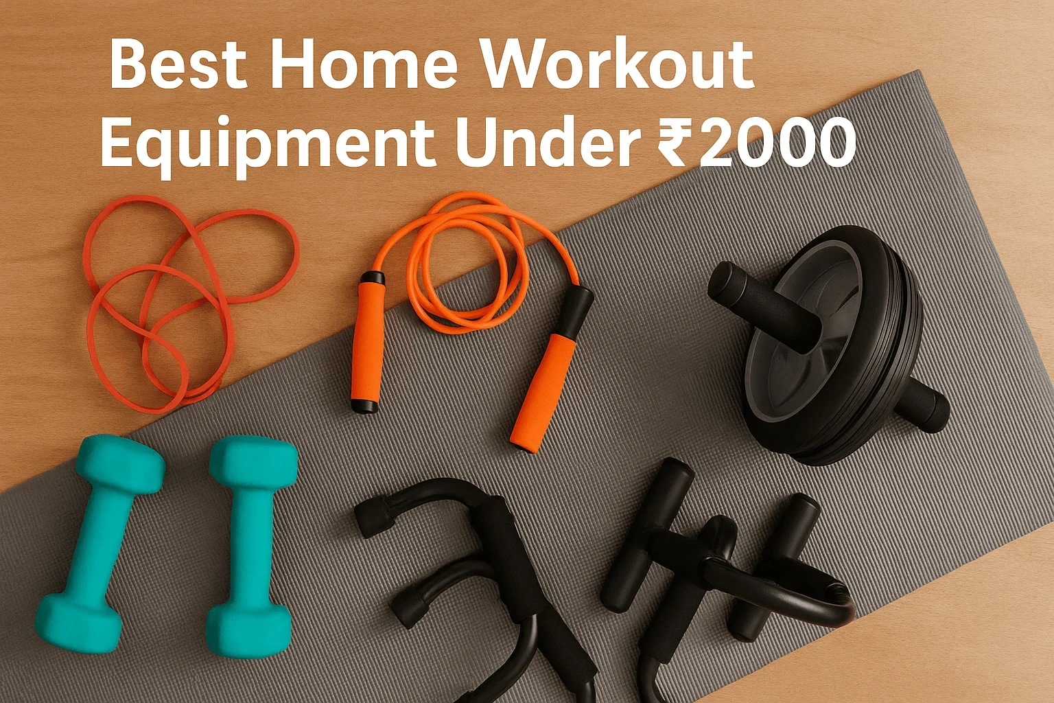Flat-lay of budget home workout equipment under ₹2000, including resistance bands, skipping rope, yoga mat, 2kg dumbbells, ab roller, and push-up bars, arranged on a wooden or yoga mat background with soft natural lighting.