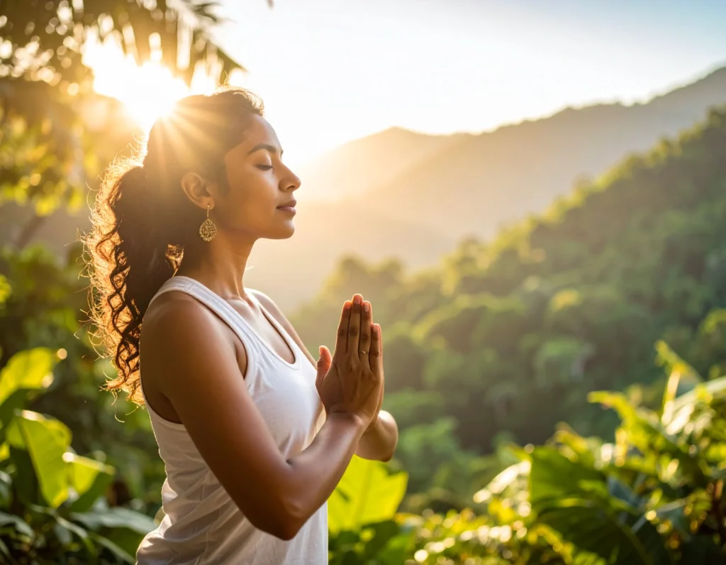 Woman practicing outdoor yoga for wellness and fitness