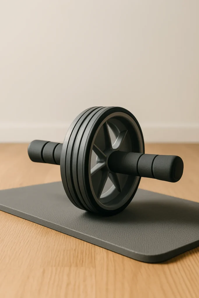 A compact ab roller wheel with dual wheels and comfortable hand grips, designed to strengthen core muscles.