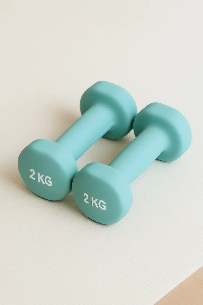 A pair of 2 vinyl-coated dumbbells with anti-slip grips, suitable for toning arms, shoulders, and chest.