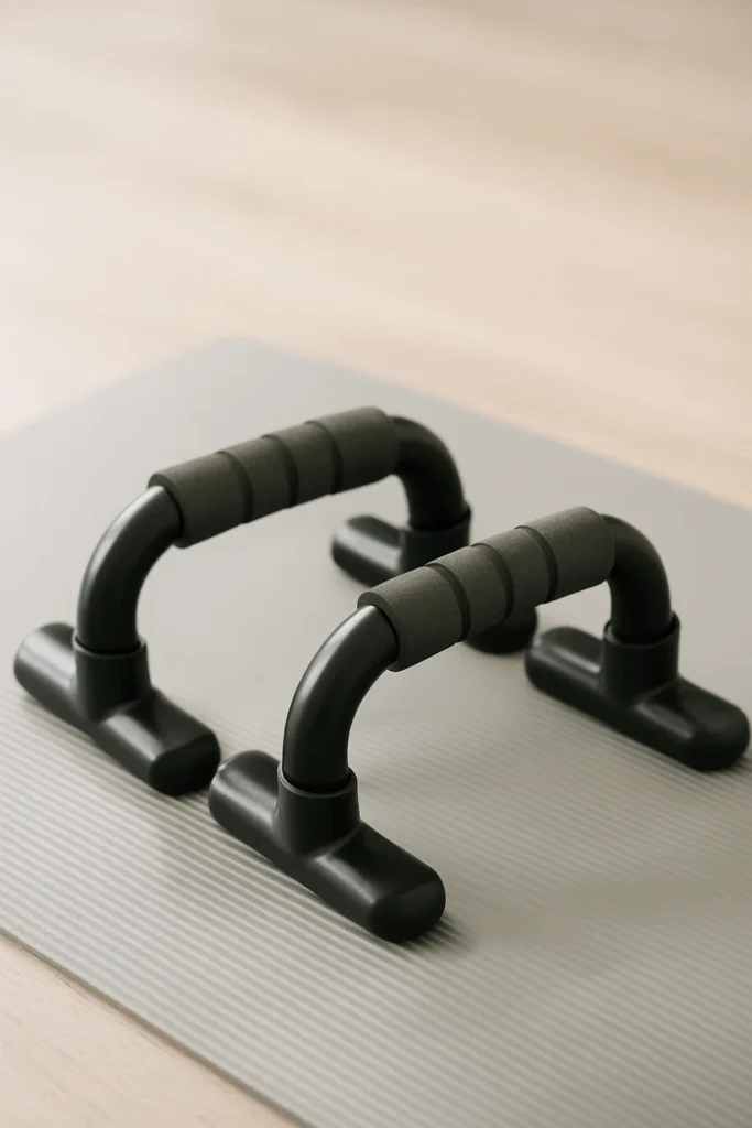 A pair of sturdy push-up bars with foam-padded handles, designed to reduce wrist strain and improve upper body strength.