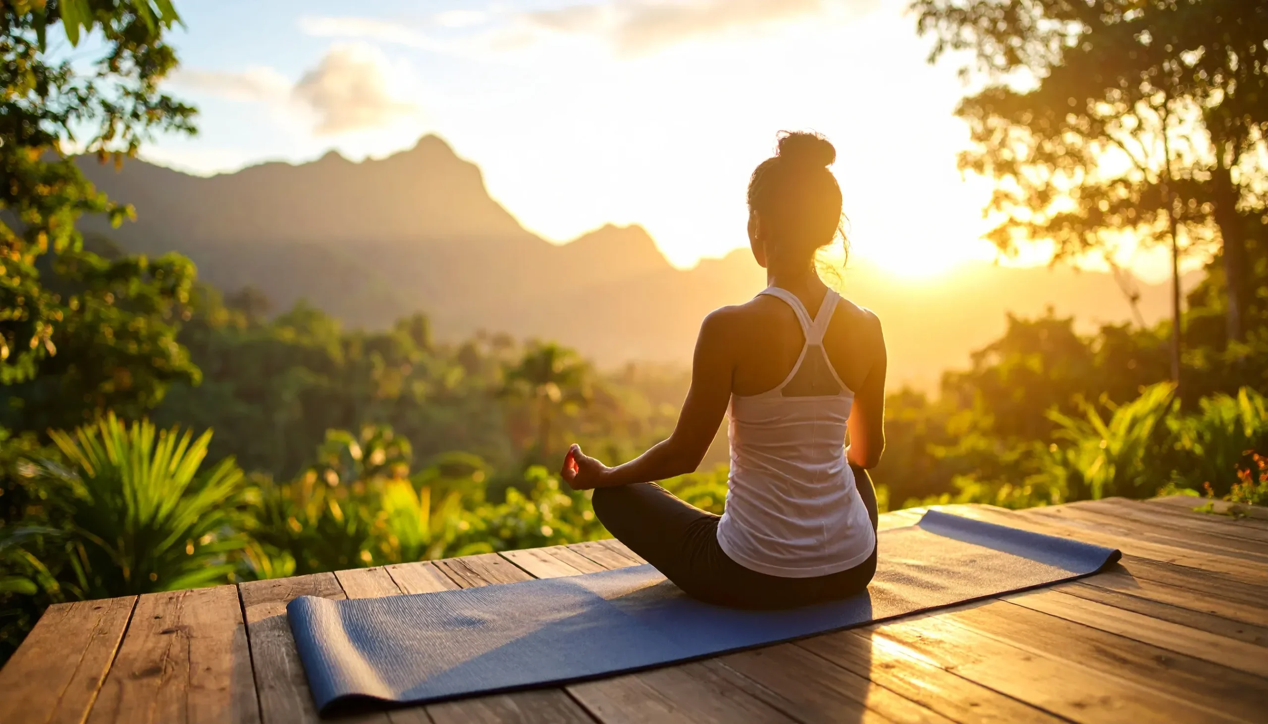 Woman meditating in Sukhasana pose at sunrise on a yoga mat, surrounded by nature and mountains, with a calm and serene expression in golden morning light.