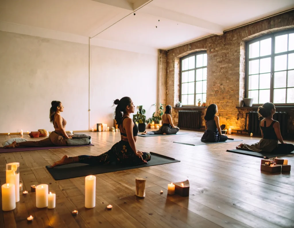 A woman deeply relaxing in a Yin Yoga pose using a bolster, blocks, and blankets in a softly lit room; another person in the background holds a long Butterfly pose; muted colors and candles enhance the slow, meditative mood.