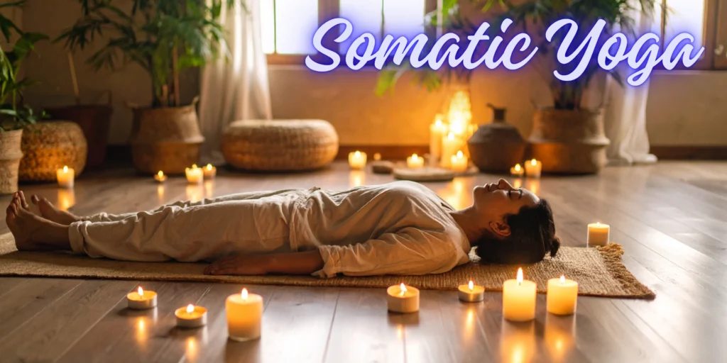 A peaceful yoga space filled with natural light, showing a woman in her 30s resting in a somatic yoga pose on a mat, surrounded by indoor plants, candles, and cozy textiles; warm earthy tones and minimalist decor create a serene and healing environment.”
