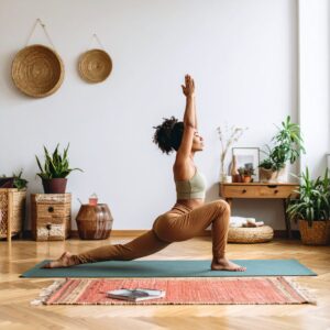A cozy home wellness corner with natural light, featuring a woman stretching on a yoga mat surrounded by indoor plants, a water bottle, a wellness journal, and earthy decor elements like woven baskets and candles — evoking a balanced, self-care lifestyle in warm maroon and neutral tones.