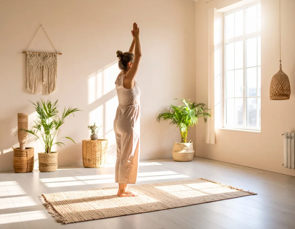 A woman engaged in a slow, mindful somatic yoga floor movement, emphasizing body awareness and controlled motion; soft lighting and pastel hues set a calm, meditative atmosphere in a home or studio setting.