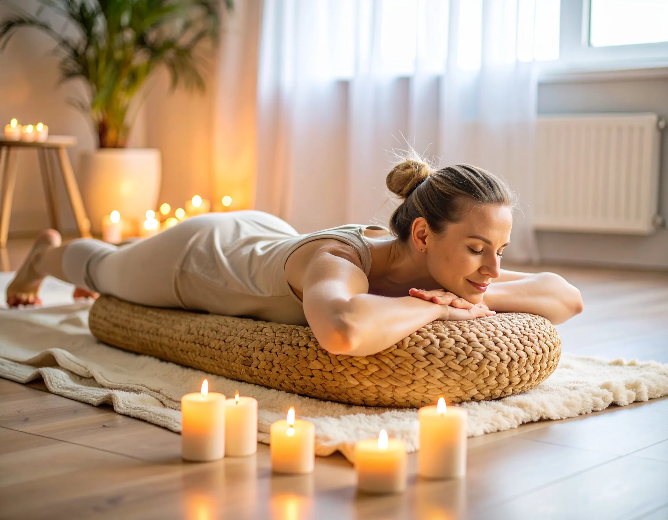 Woman in a long Yin Yoga stretch lying on a bolster in a warm, candle-lit room with cozy lighting and soft textures.