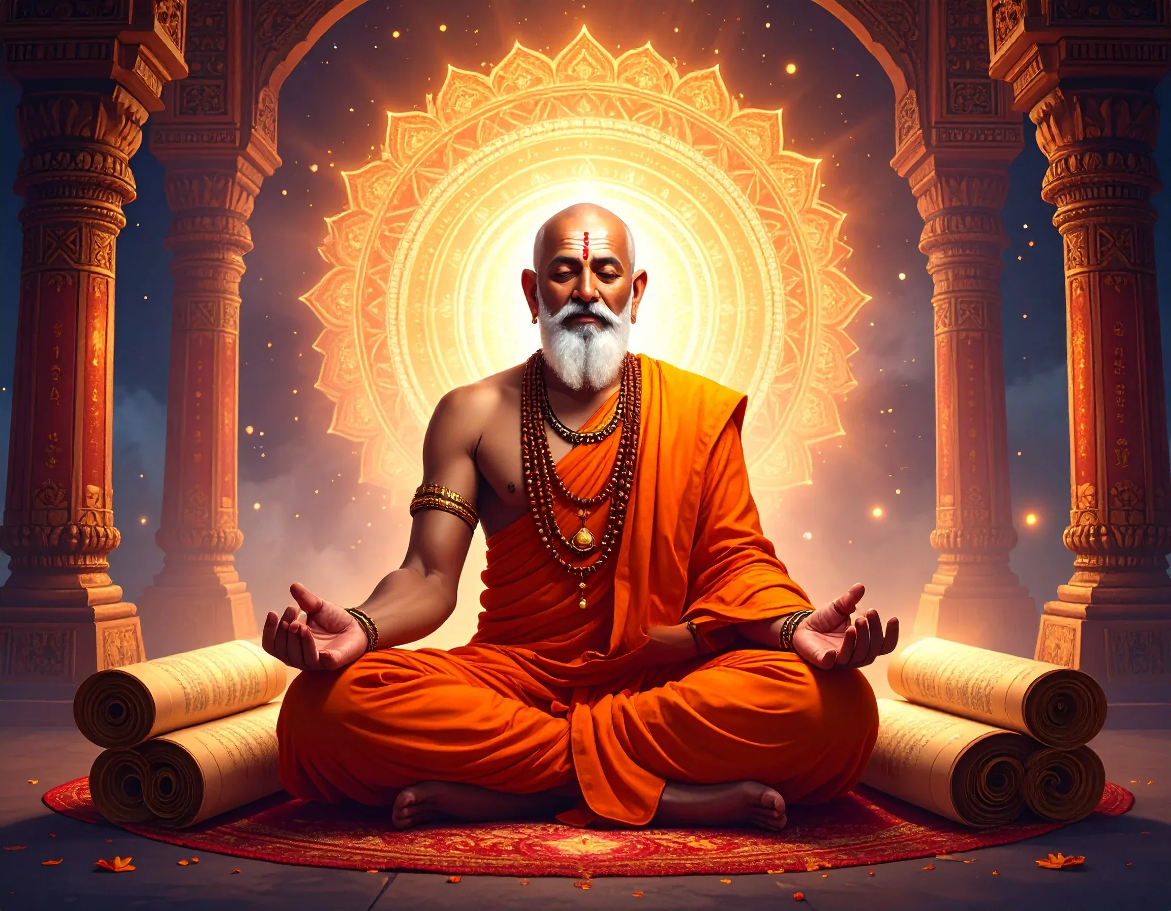 Digital illustration of Maharishi Patanjali sitting cross-legged with scrolls, aura behind his head, set in ancient India with a wise and peaceful expression.