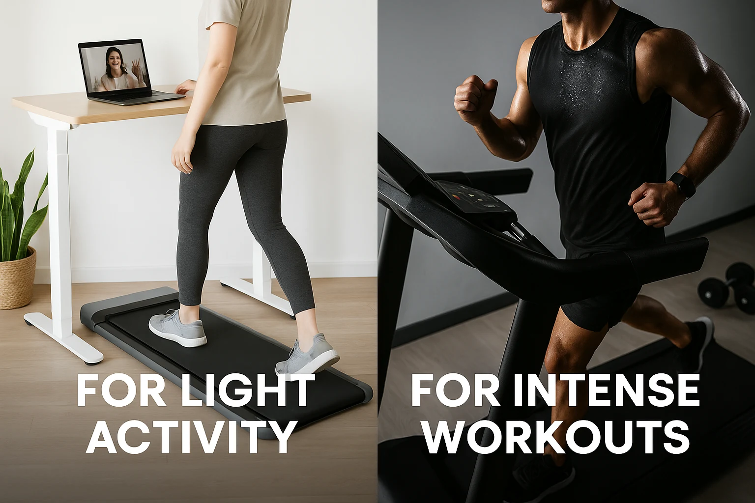 Split image comparing workout styles: on the left, a person casually walking on a walking pad while on a video call labeled “For Light Activity”; on the right, a person doing an intense HIIT session on a treadmill, wearing workout gear and sweating, labeled “For Intense Workouts.”