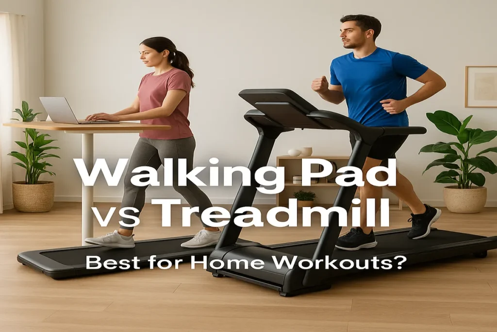 A modern home gym featuring a walking pad under a standing desk on one side and a treadmill on the other, with a woman working on a laptop while walking and a man running on the treadmill. The room has wooden flooring, indoor plants, and a bright, minimal design.