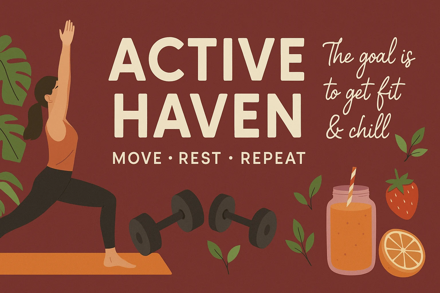 A calming digital banner showing diverse women practicing yoga, fitness, and wellness routines at home, with soft earthy tones and the text "Active Haven – Move. Rest. Repeat."