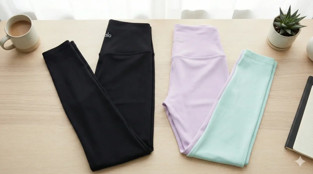 Side-by-side comparison of Alo Yoga and Beyond Yoga leggings on a minimalist background.
