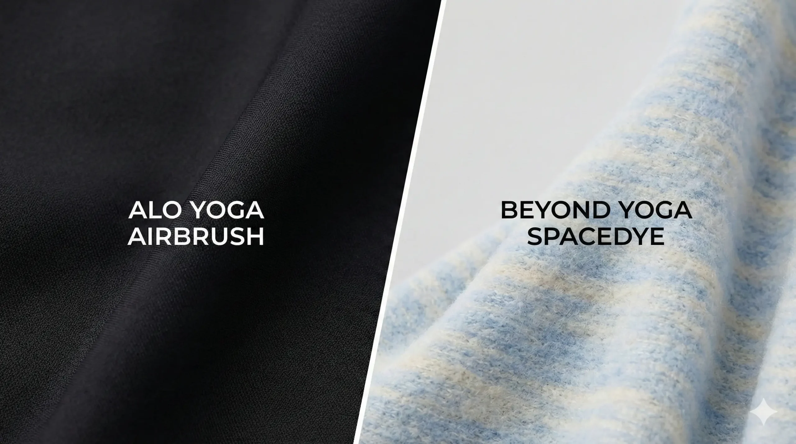 Close-up comparison of Alo Yoga Airbrush fabric and Beyond Yoga Spacedye fabric.