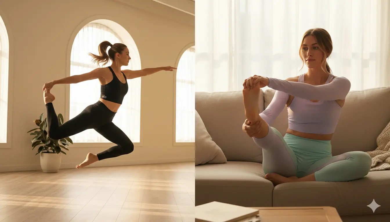 Two women showing the visual difference between Alo Yoga’s sculpted fit and Beyond Yoga’s soft comfort.
