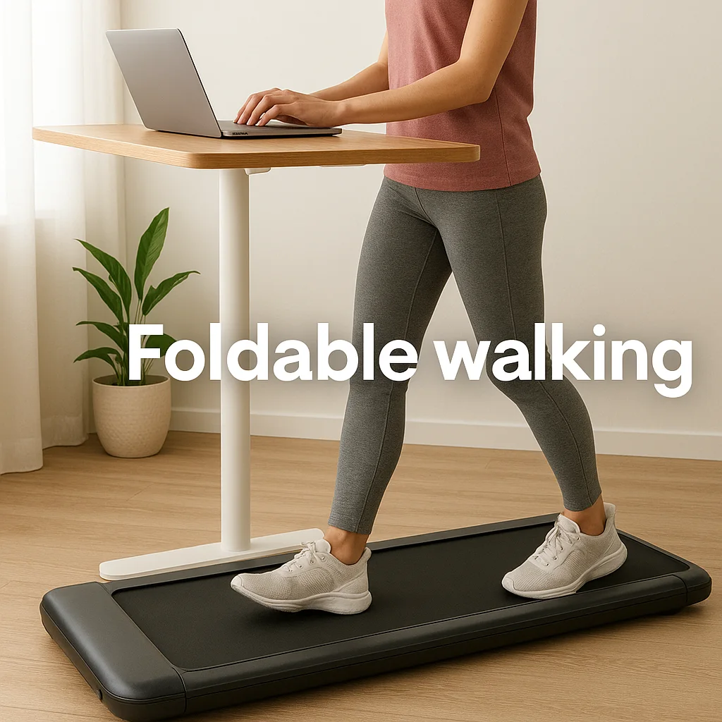 A sleek, foldable walking pad placed under a standing desk in a compact, well-lit room. A woman is casually walking while working on her laptop in a clean, minimal work-from-home setup.