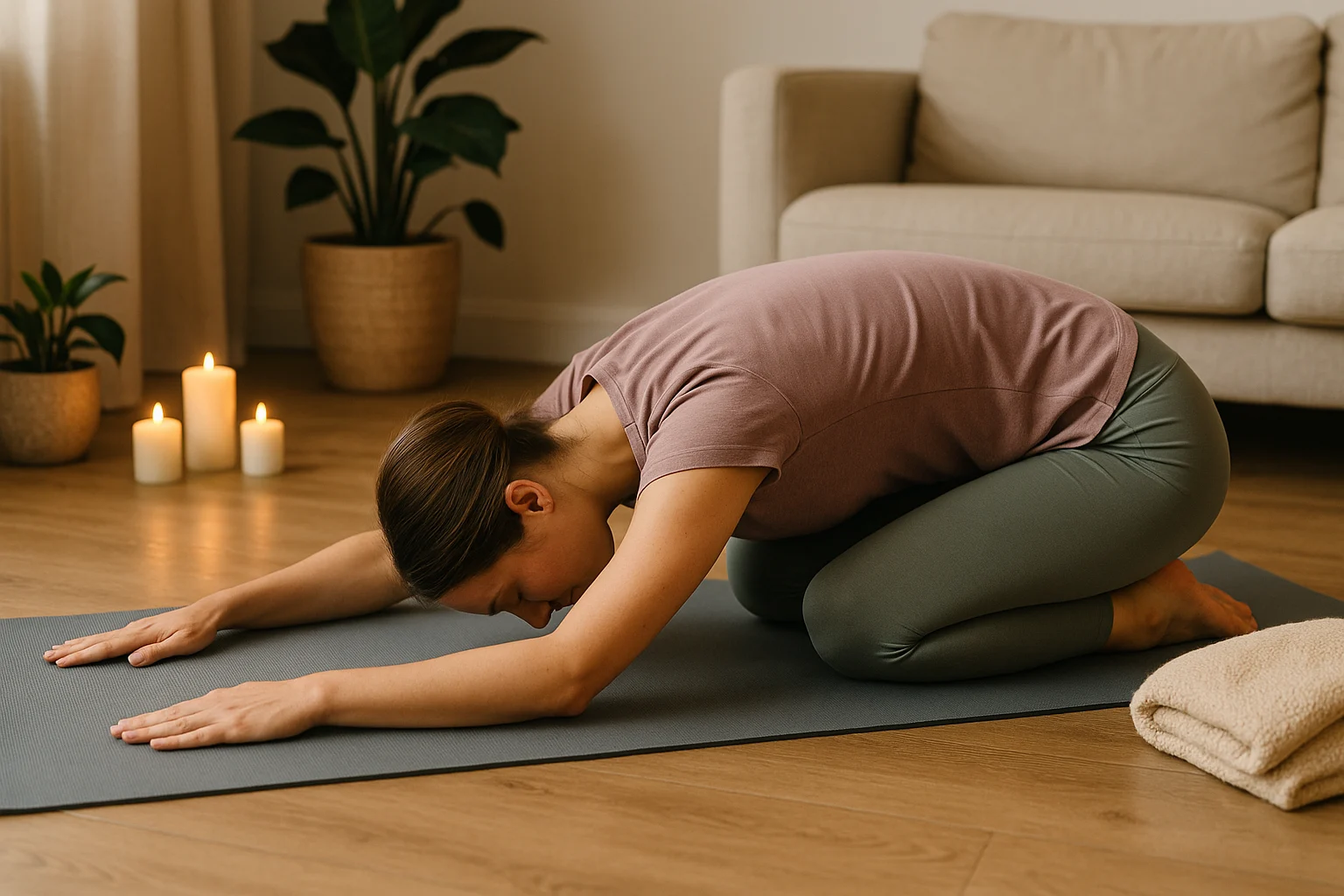 Woman practicing Child’s Pose on yoga mat at home for relaxation and stress relief, surrounded by candles in a cozy wellness space