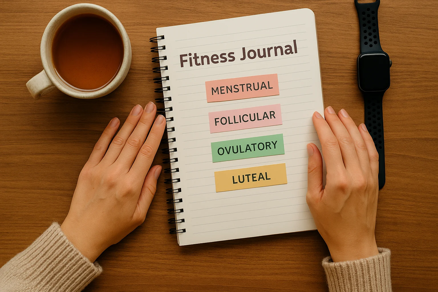 Flat lay of hands on fitness journal showing menstrual cycle phases with herbal tea and smartwatch — intro to cycle syncing for workouts.