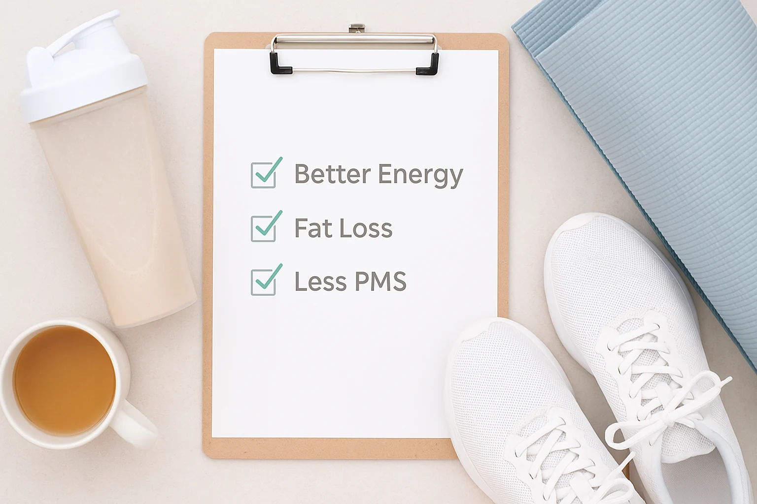 Checklist of hormonal fitness benefits like better energy and less PMS with yoga mat, protein shake, and sneakers nearby.