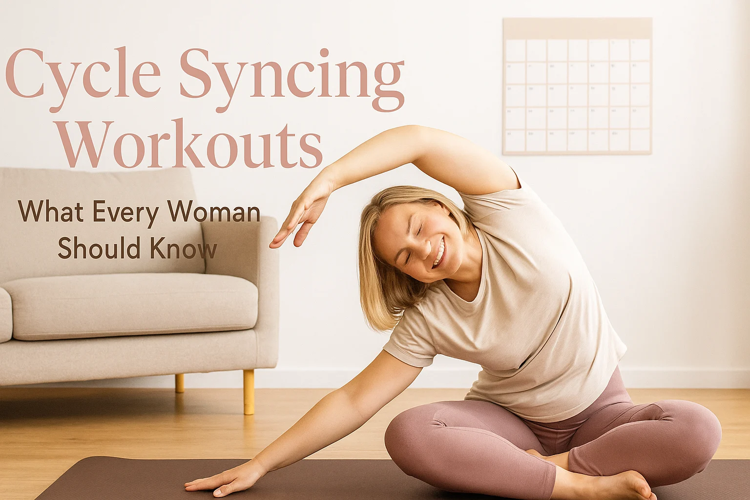 Cheerful woman stretching on yoga mat with menstrual cycle calendar in background, soft tones promoting cycle syncing workouts at home.