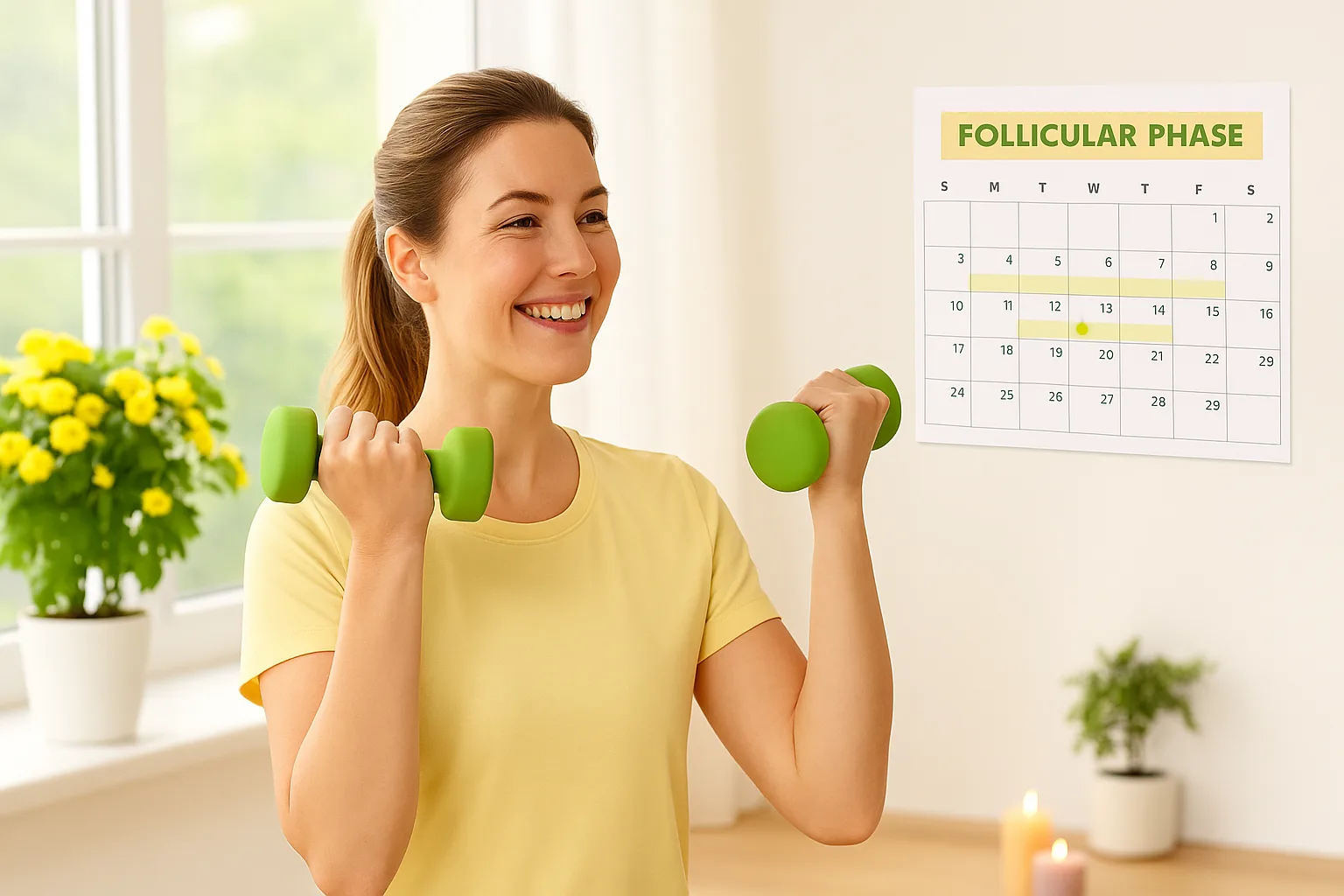 Smiling woman lifting dumbbells near sunny window with blooming plants, representing strength workouts in follicular phase.
