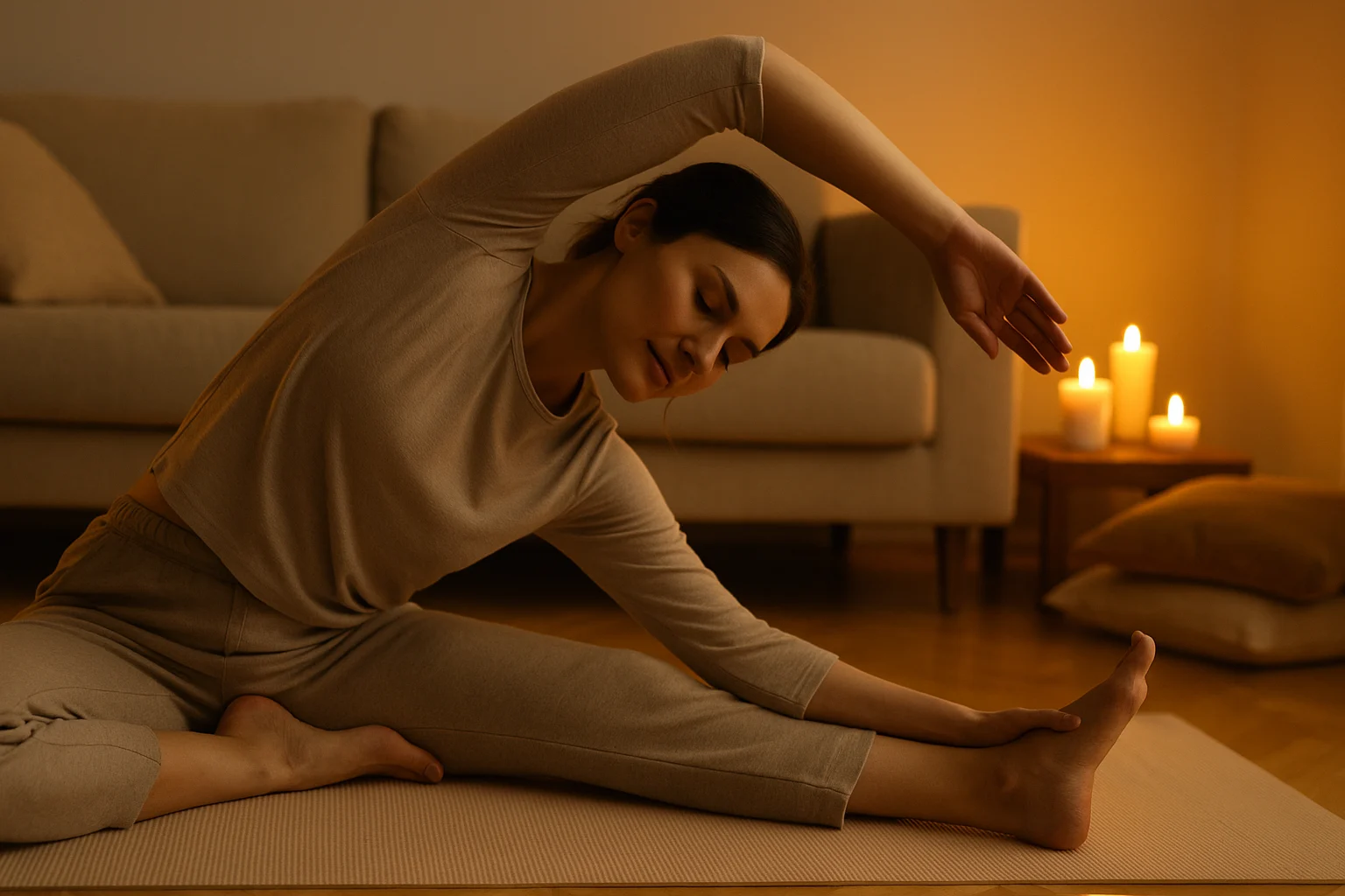 Woman doing slow pilates at home in evening light, surrounded by cushions and candles — calming luteal phase fitness.