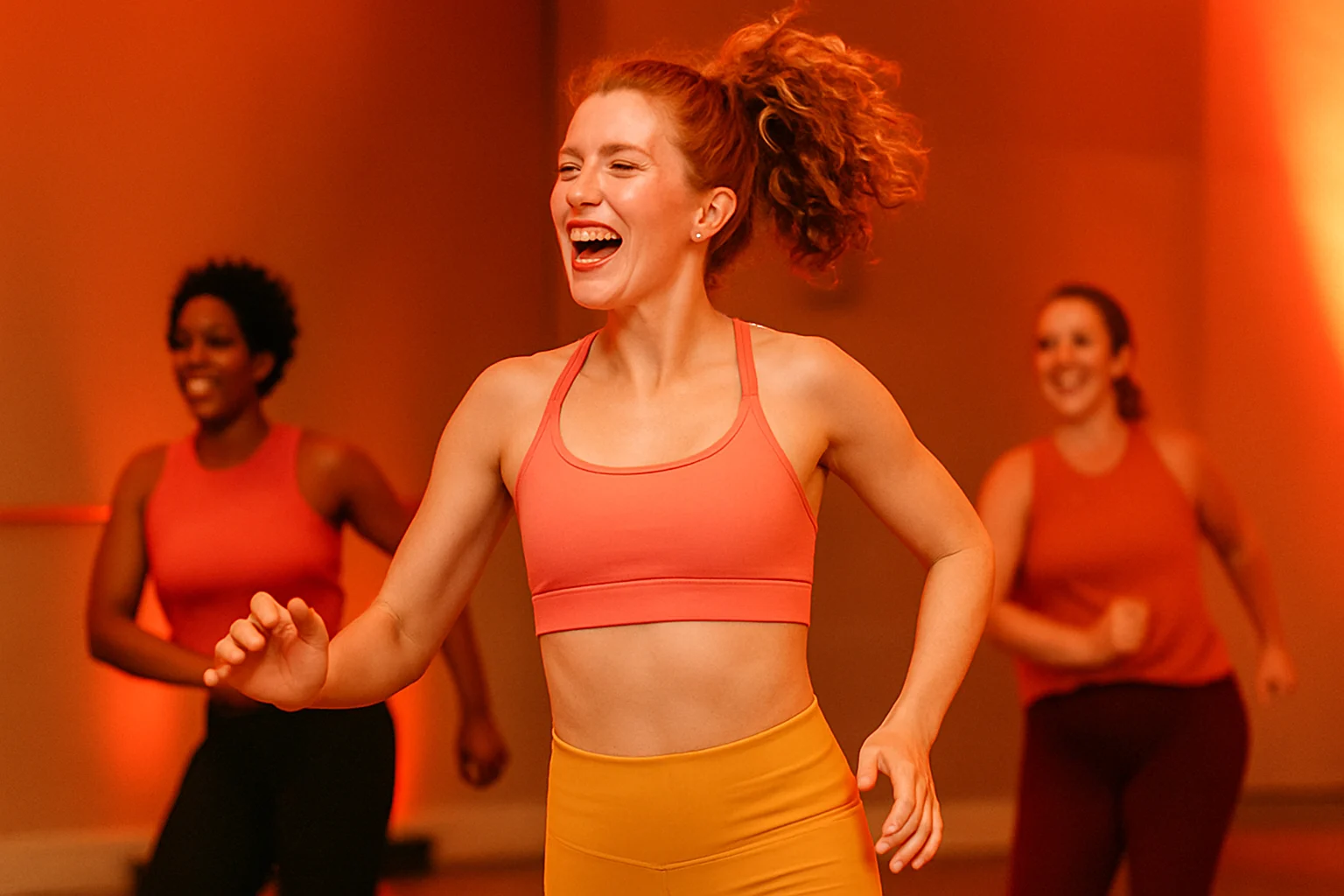 Confident woman mid-jump in Zumba class, laughing in bold lighting — peak energy workouts during ovulation.