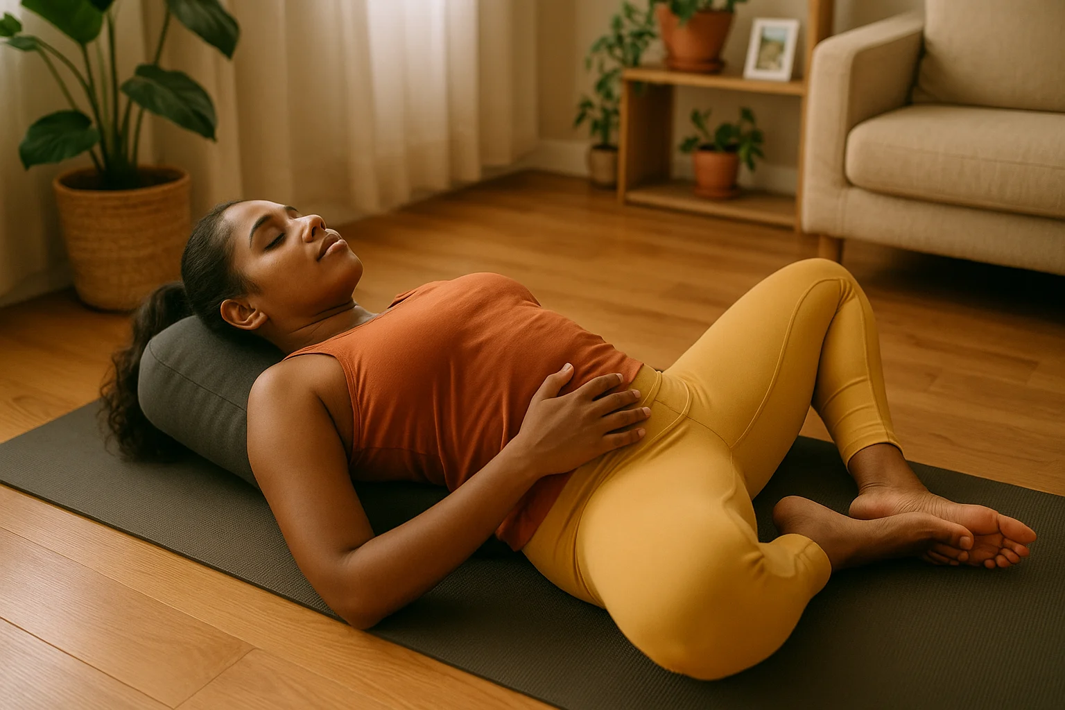 Woman practicing Reclining Butterfly Pose with a bolster on yoga mat at home to promote deep relaxation, hip opening, and stress relief