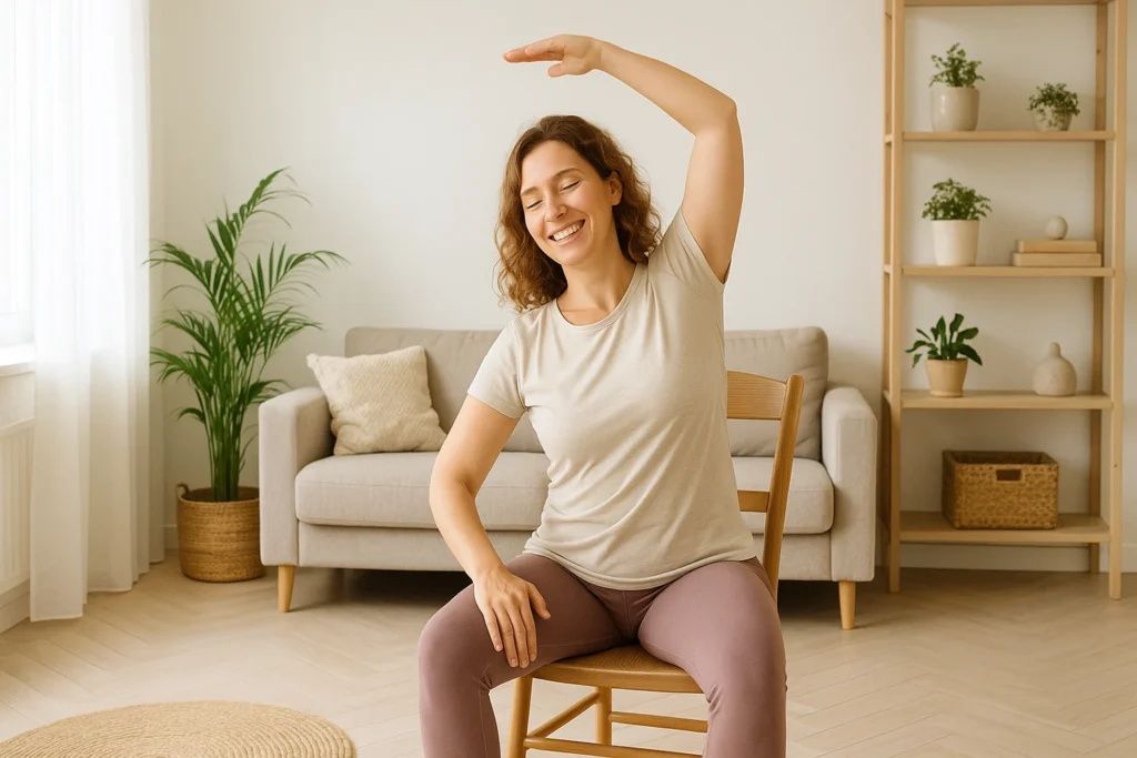 Busy mom doing chair yoga at home in a cozy living room.