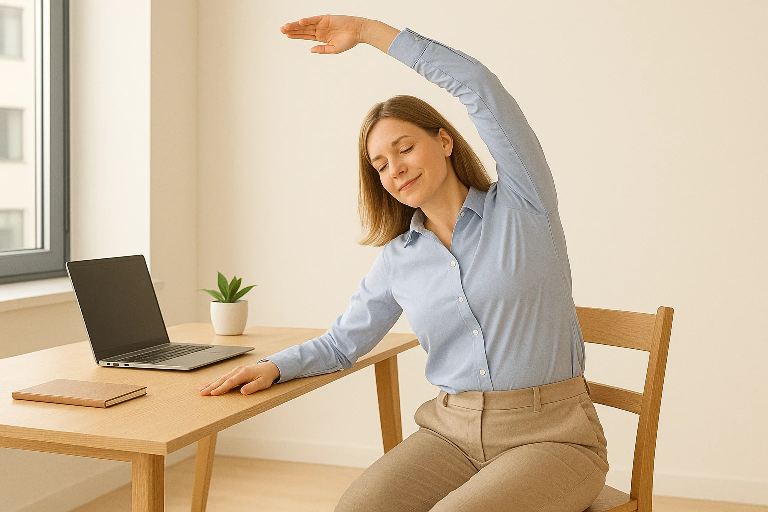Side bend chair yoga stretch for office workers.