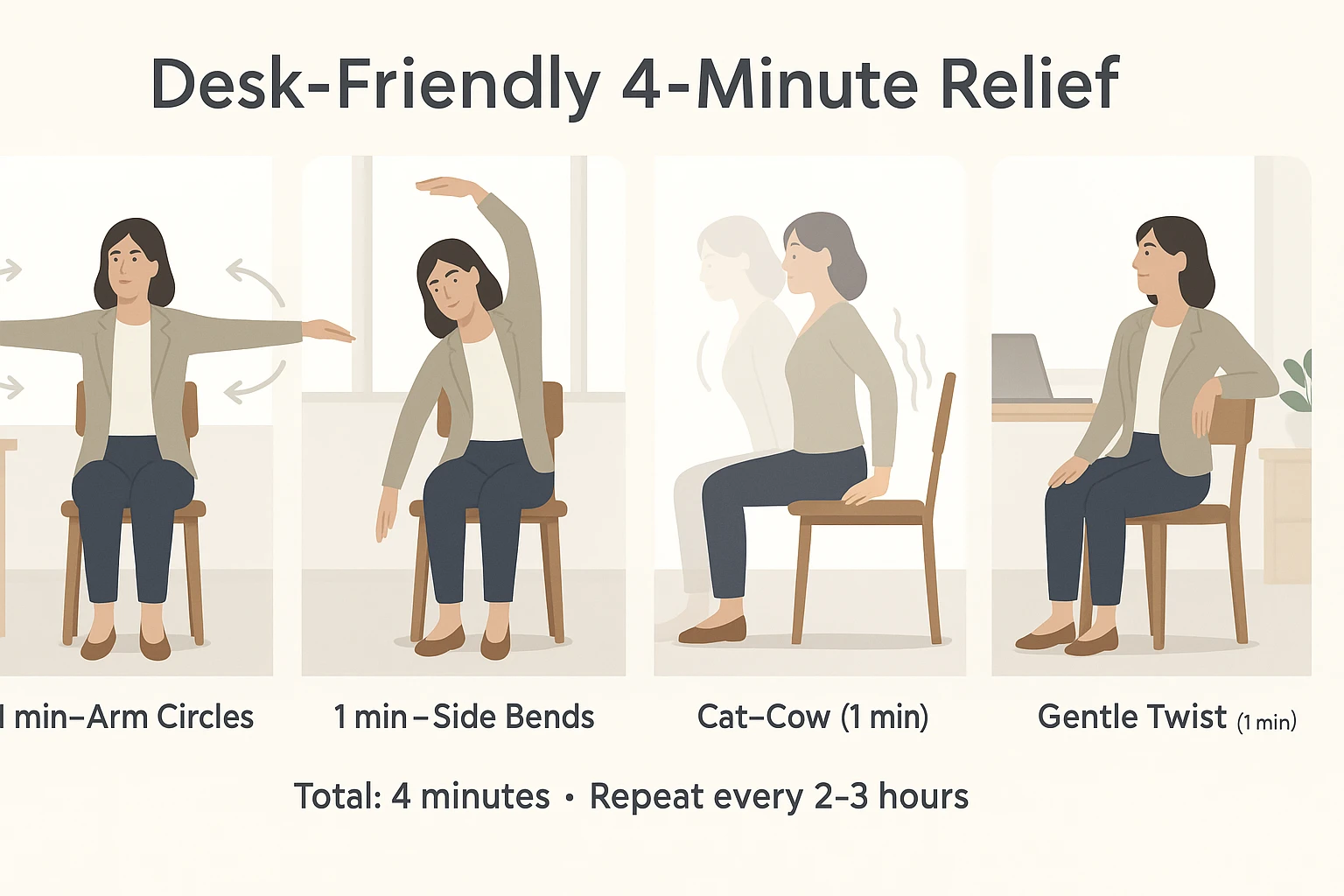 Desk-friendly 4-minute chair yoga routine showing arm circles, side bends, seated Cat-Cow, and gentle twist at an office desk.