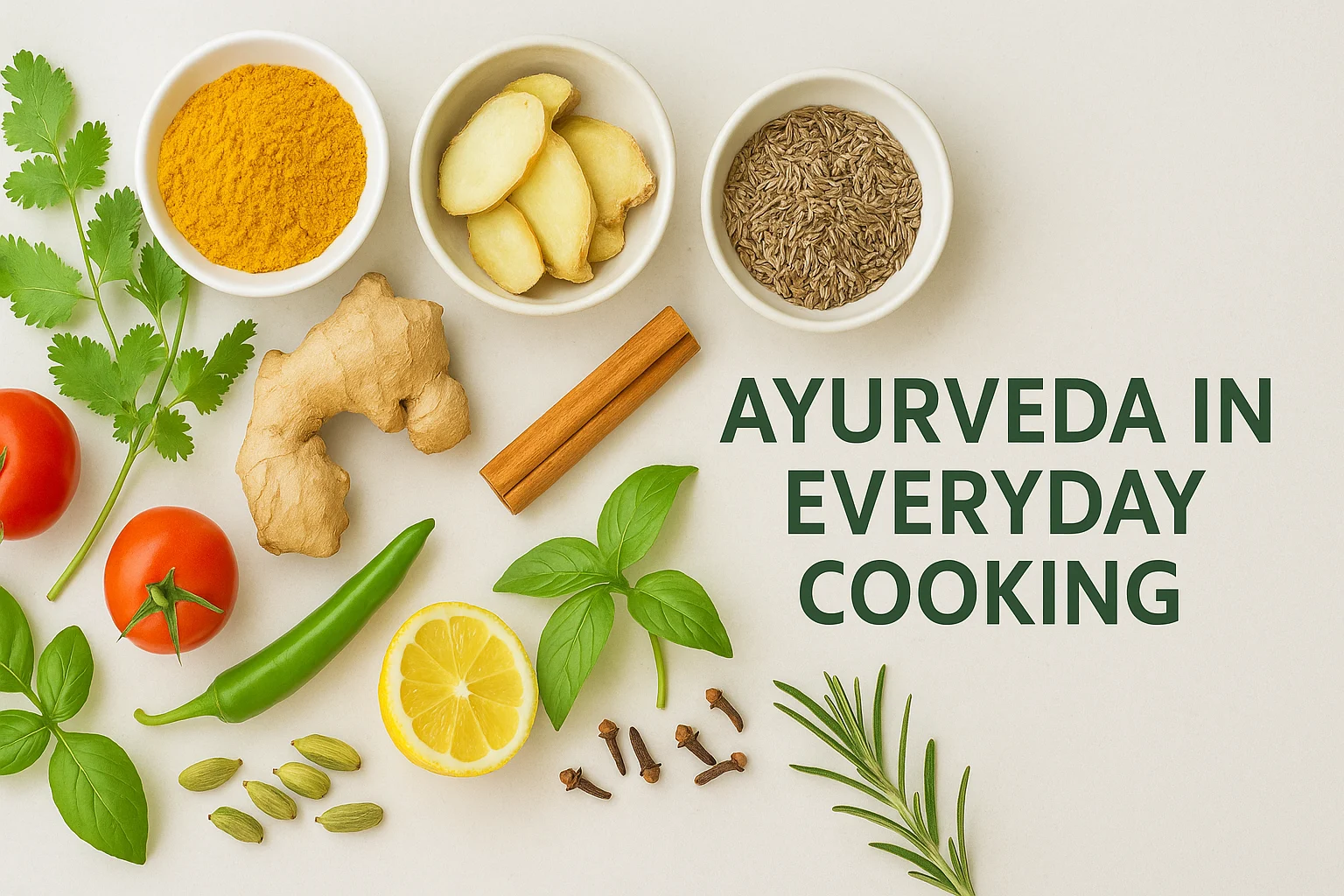 Ayurveda in everyday cooking with healing Indian spices on a kitchen counter.