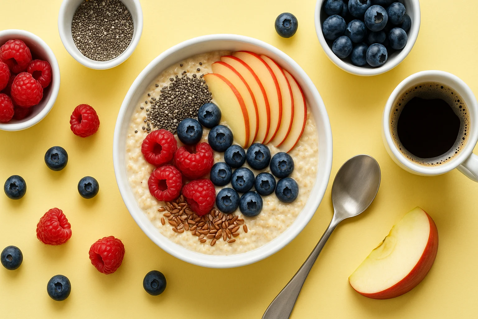 Fibermaxxing healthy breakfast bowl with chia seeds, oats, and fruits.