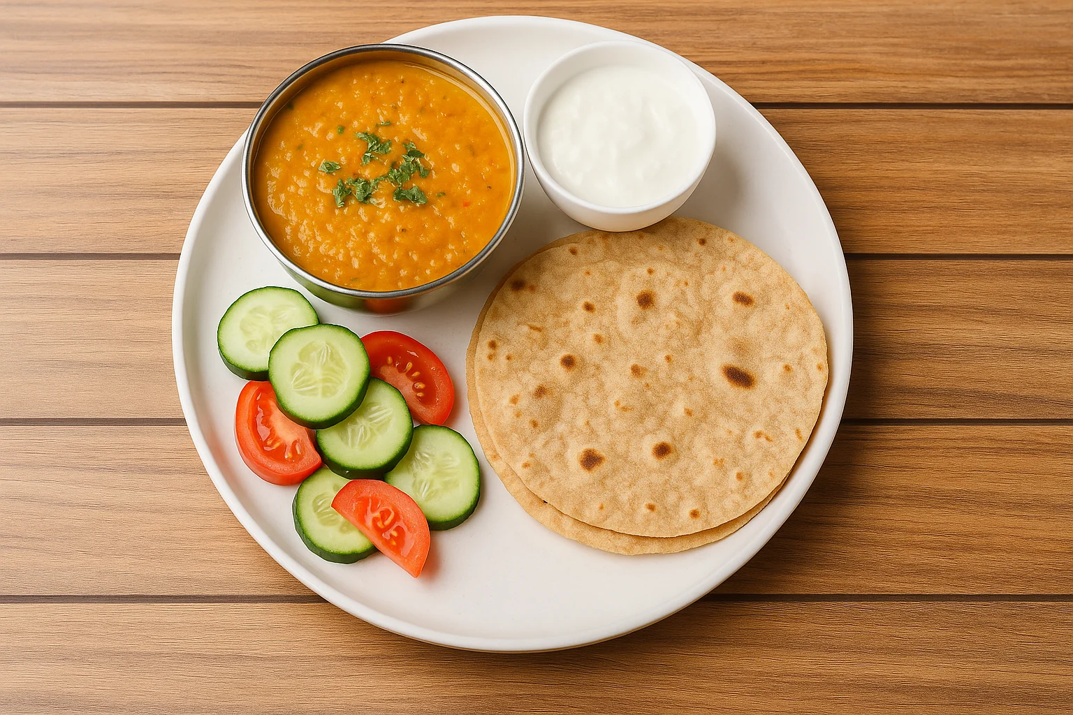 Indian high-fiber meal for fibermaxxing with dal, roti, salad, and curd.