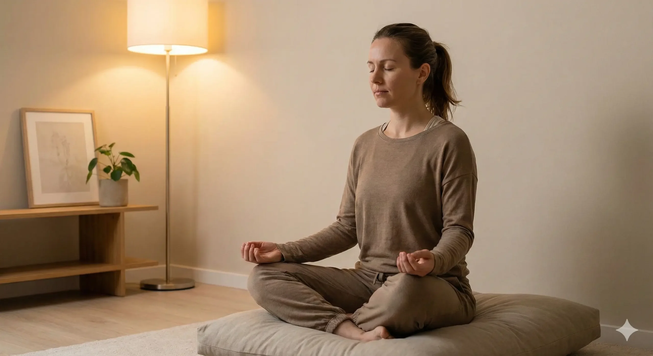 Mom sitting with eyes closed, hands on knees, slow deep breathing, calm soft lighting, minimalistic home setting.