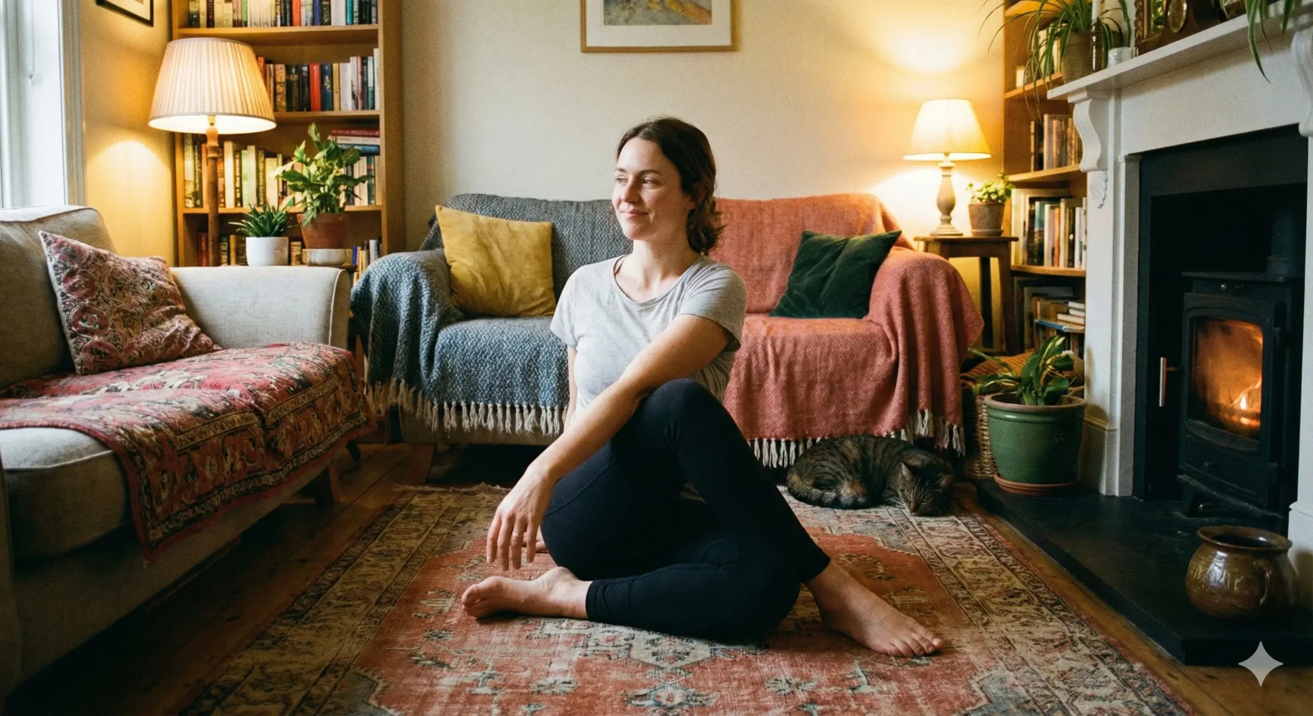 Mom sitting cross-legged gently twisting her torso, soft warm lighting, calm cozy interior.
