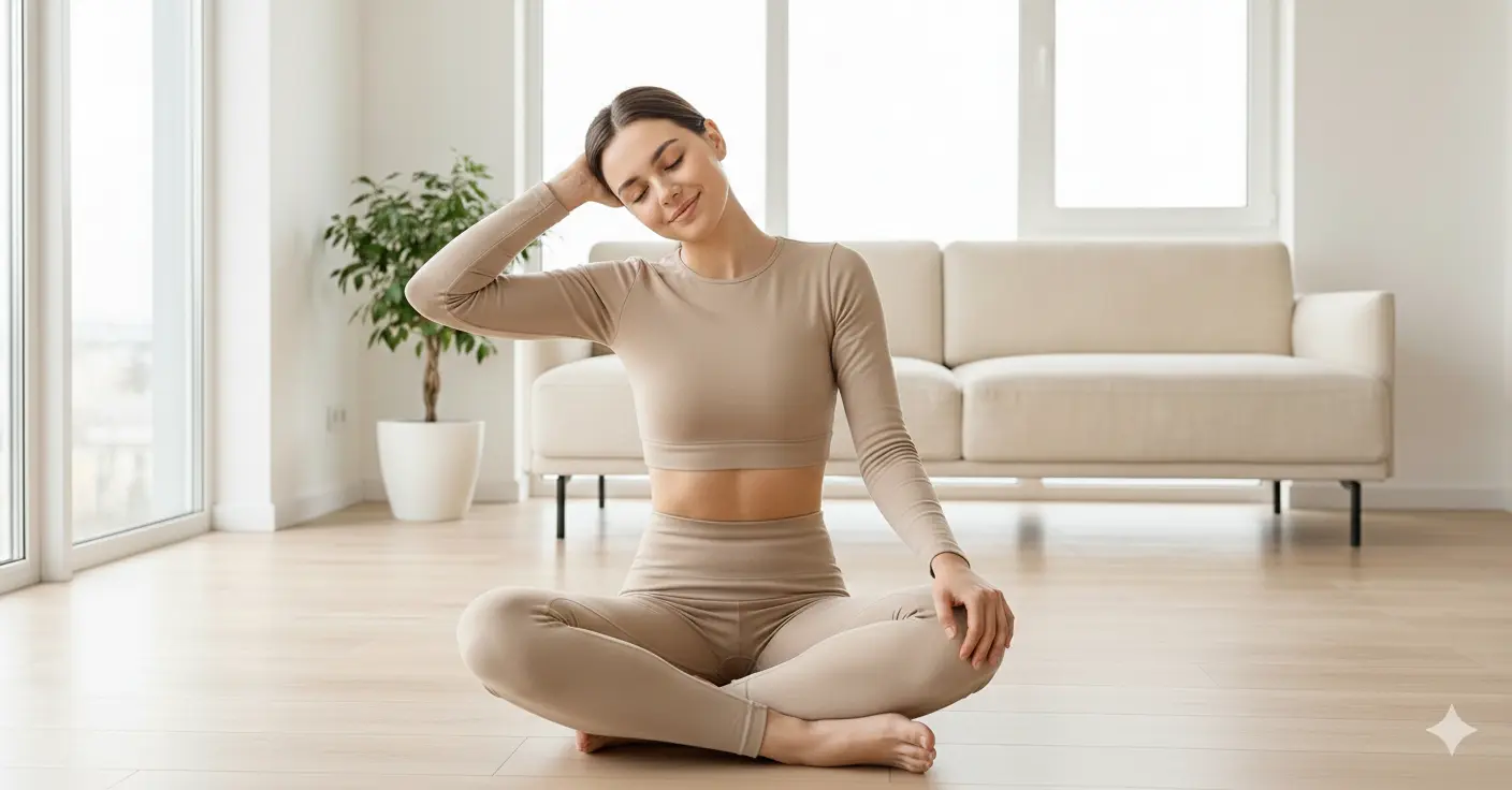 Mom sitting cross-legged gently tilting her head to the side with one hand holding head, relaxing in a cozy living room. Natural light, minimal setting, soft tones.