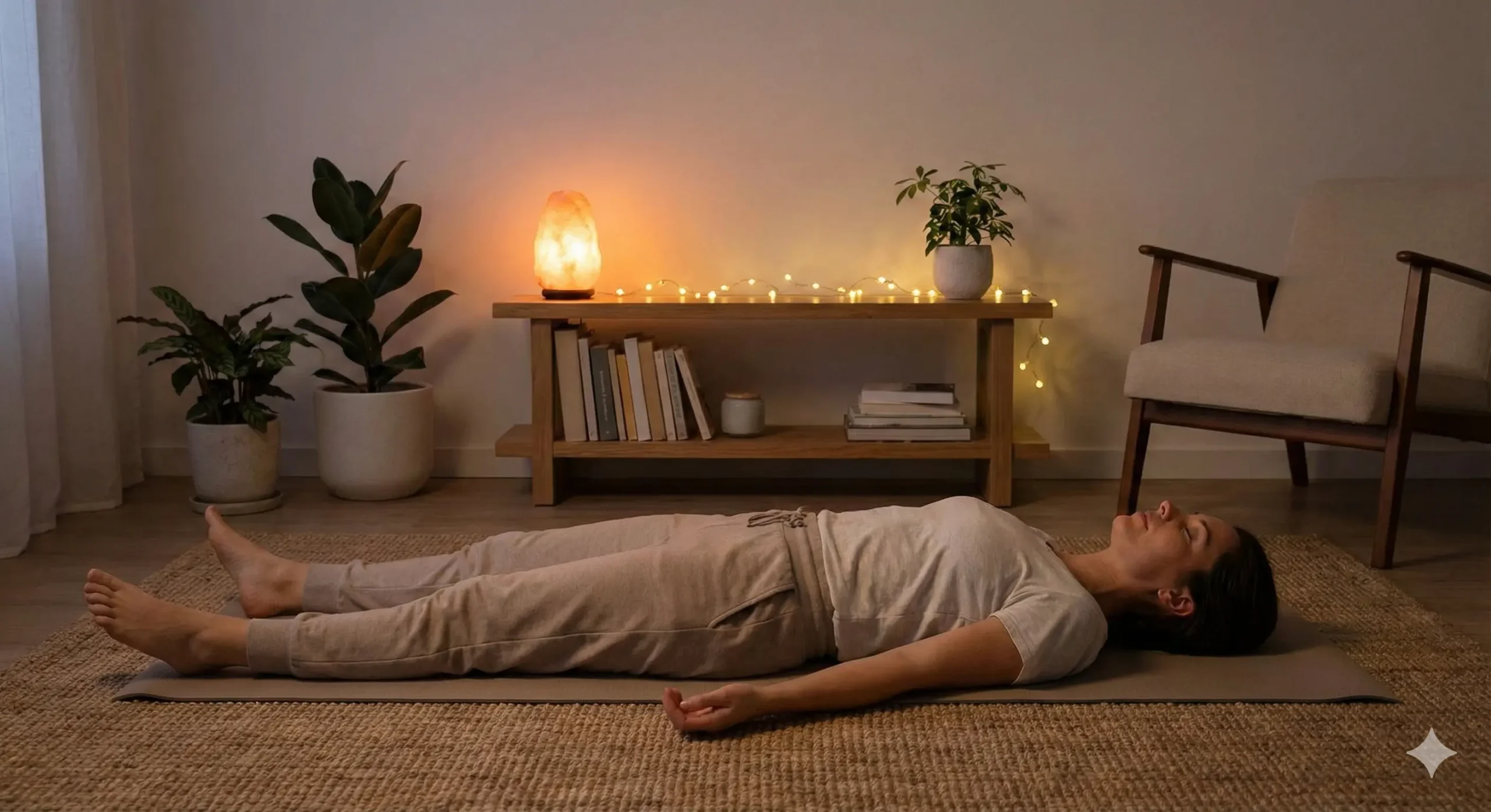 Mom lying flat on her back in Savasana, dim warm lighting, peaceful evening ambience, minimal home decor.