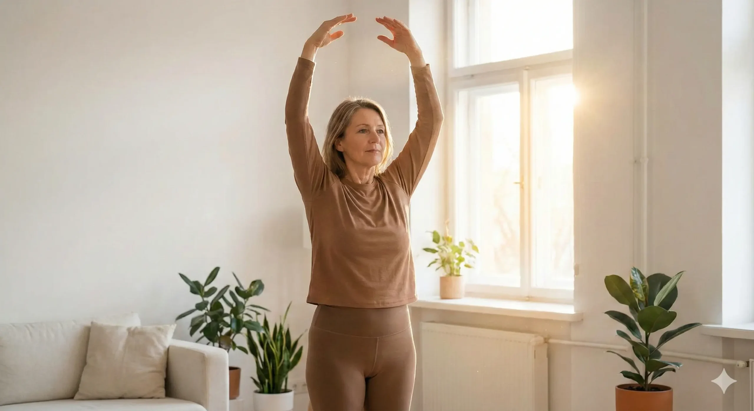 Mom standing with arms raised in a gentle Sun Breath motion, sunlight entering from window, minimal clean living room.