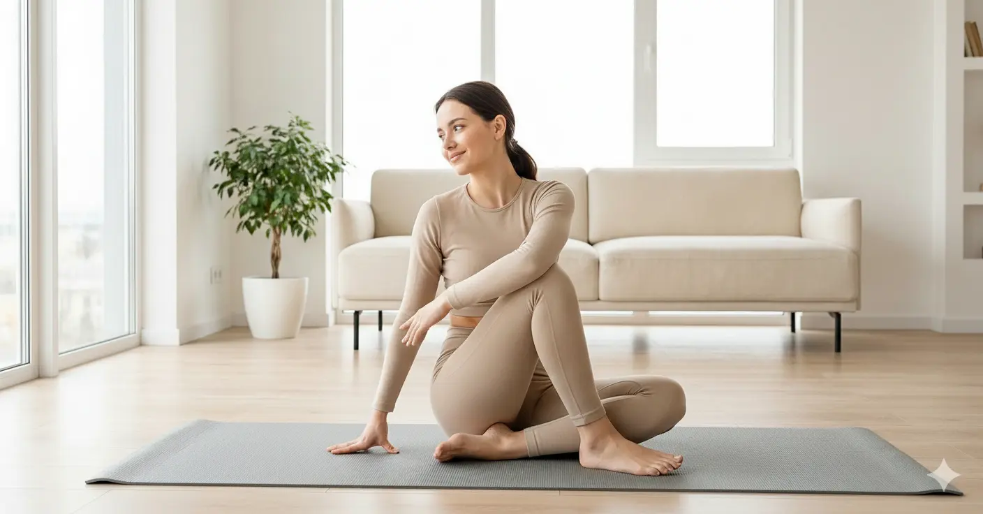 Mom doing a gentle seated spinal twist on a yoga mat in a cozy bright home. Soft sunlight, minimal decor, peaceful expression, lifestyle photography.