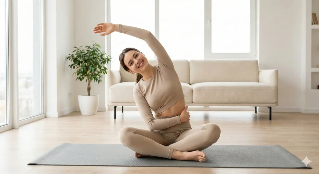 Busy mom doing a simple yoga stretch at home during a quick 10-minute routine