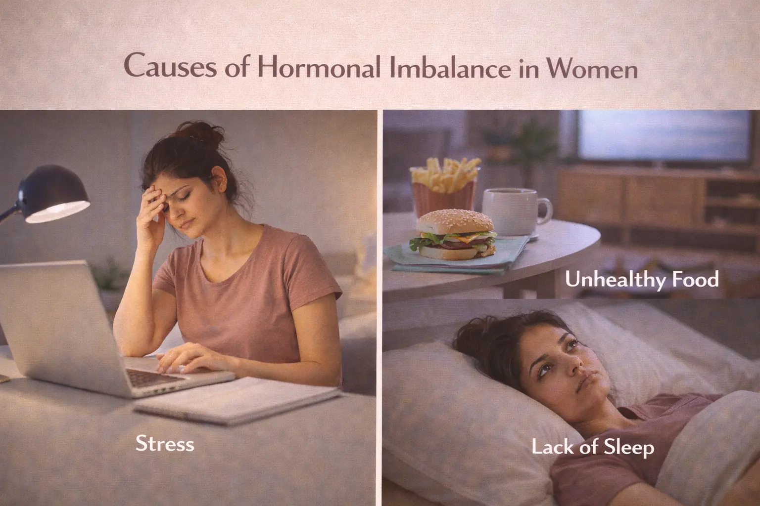 Causes of hormonal imbalance in women including stress, PCOS, poor diet, and lifestyle factors