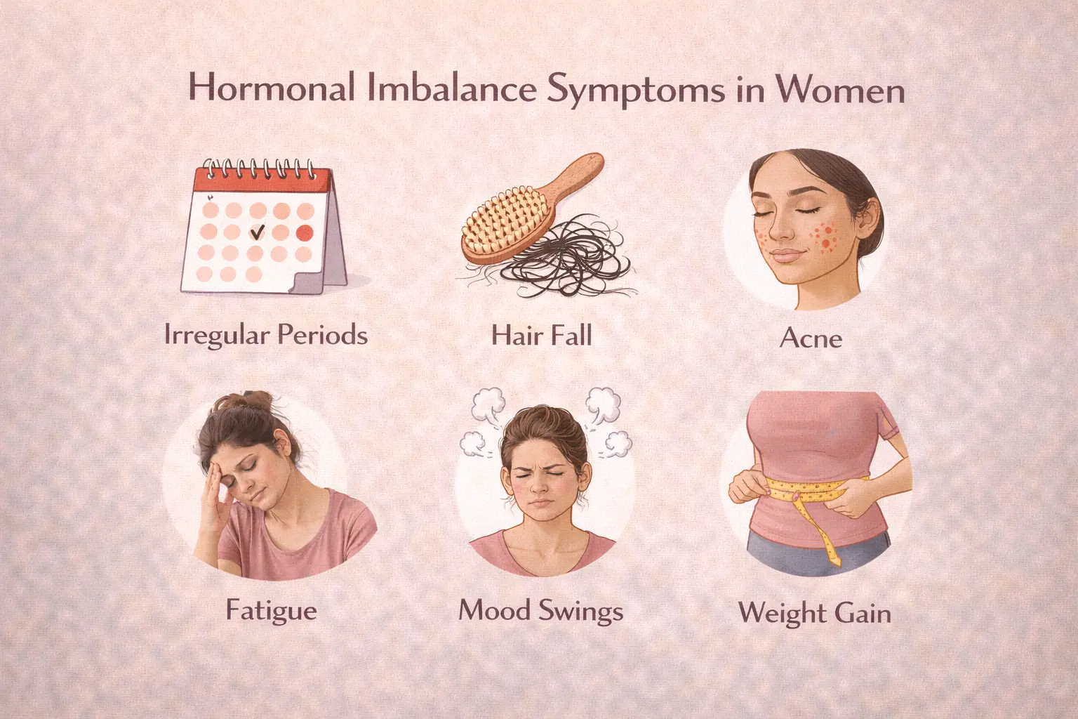 Common symptoms of hormonal imbalance in women such as irregular periods, hair loss, acne, mood swings, and fatigue