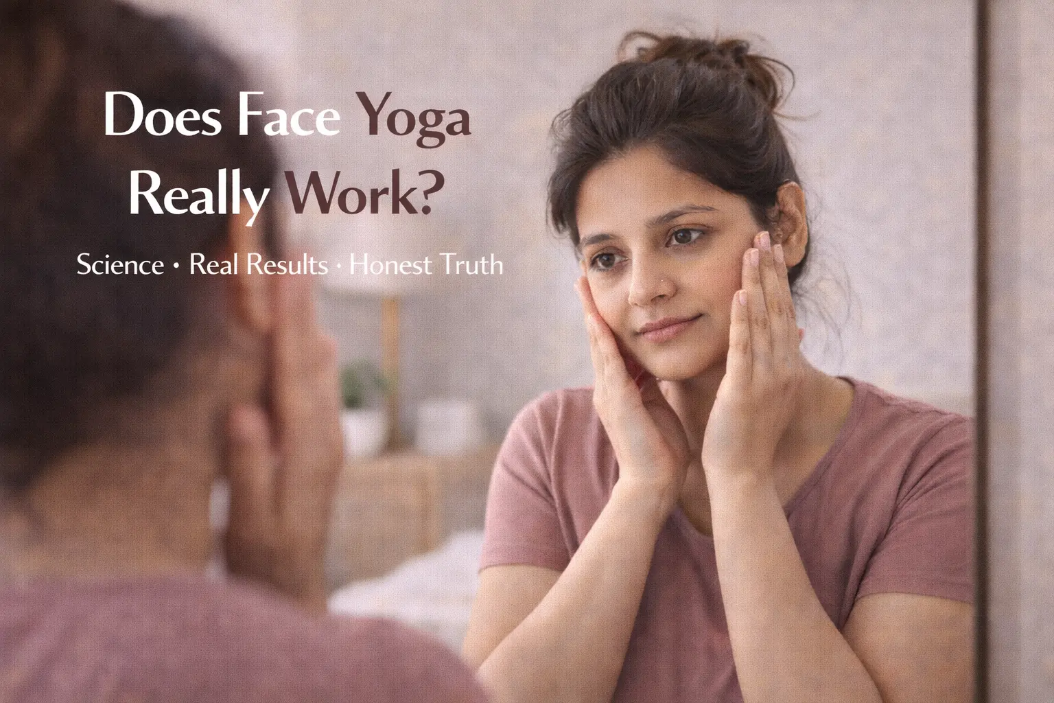Indian woman practicing face yoga at home to reduce wrinkles and improve facial tone naturally
