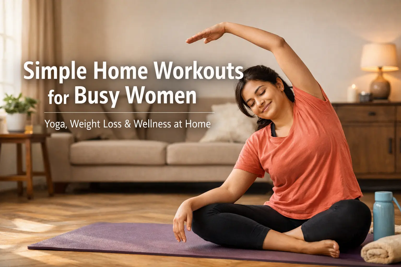 Indian woman doing simple home workout yoga routine for busy women at home