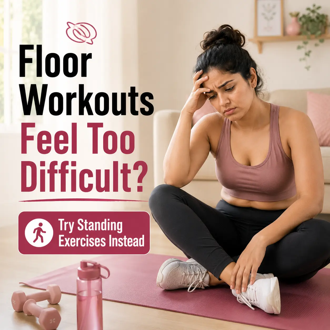 woman struggling with difficult floor workouts at home