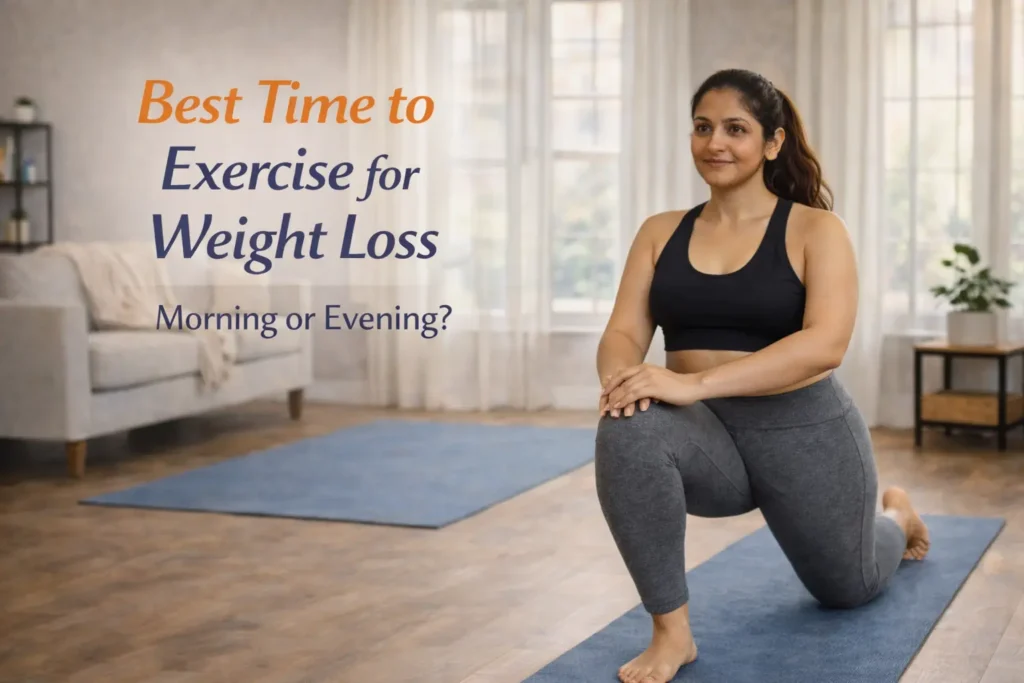 Indian woman doing a home workout to decide the best time to exercise for weight loss