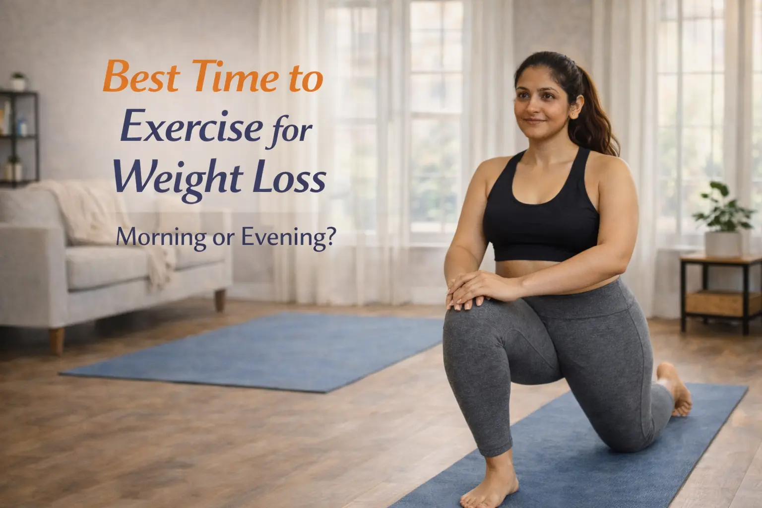 Indian woman doing a home workout to decide the best time to exercise for weight loss